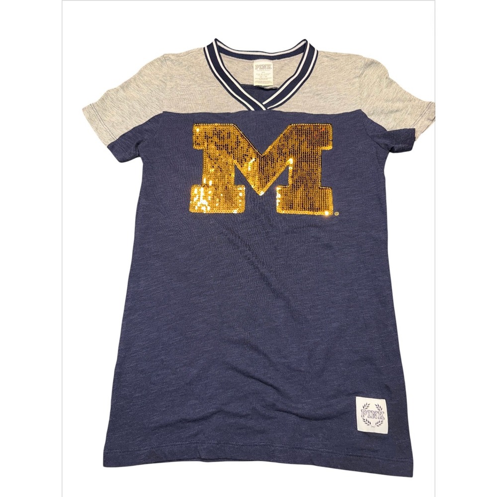 PINK Victorias Secret Michigan Wolverines Sequin V-Neck T-Shirt Navy Gray XS